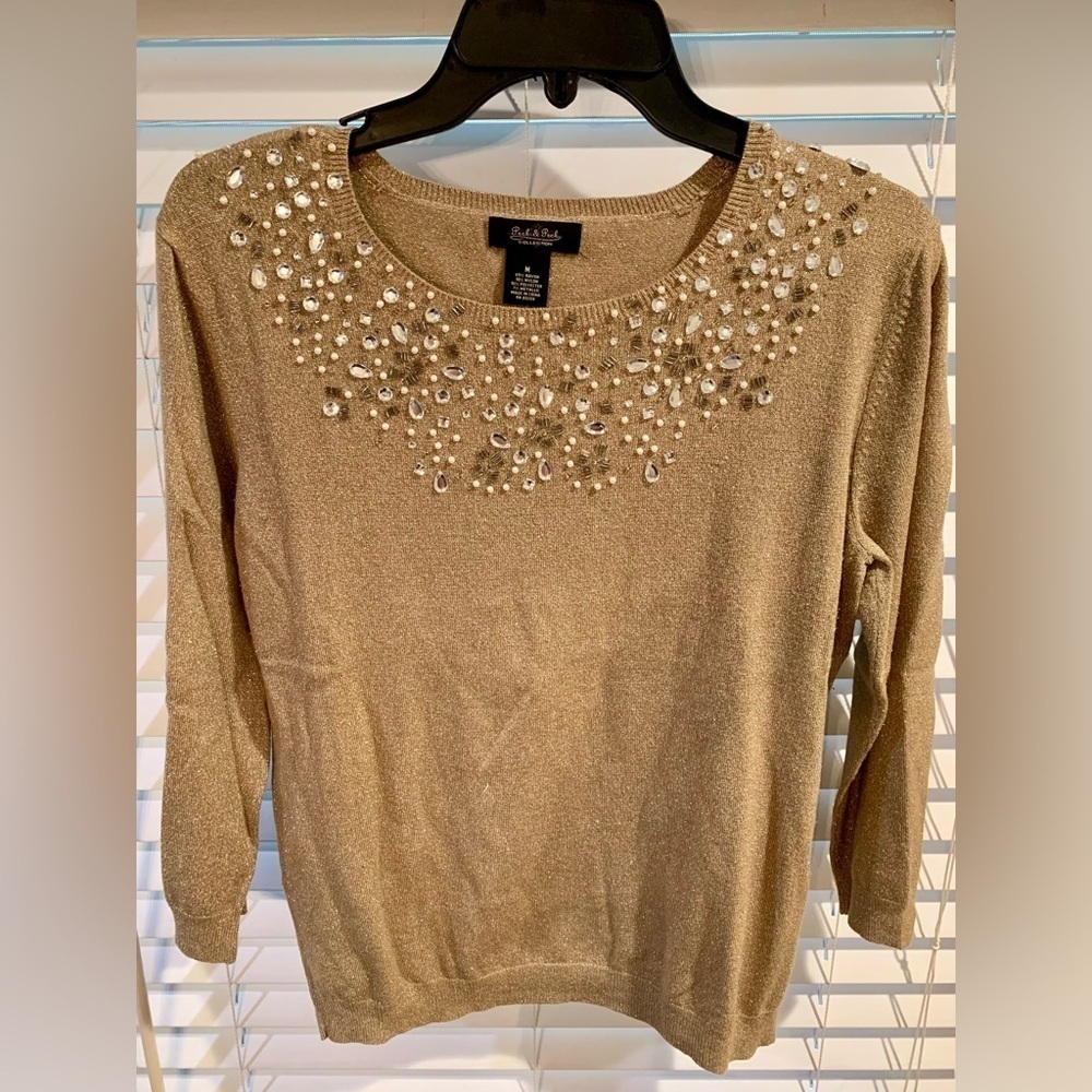 Peck & Peck Gold Shimmery Sweater with Pearl and Rhinestone Details Size M